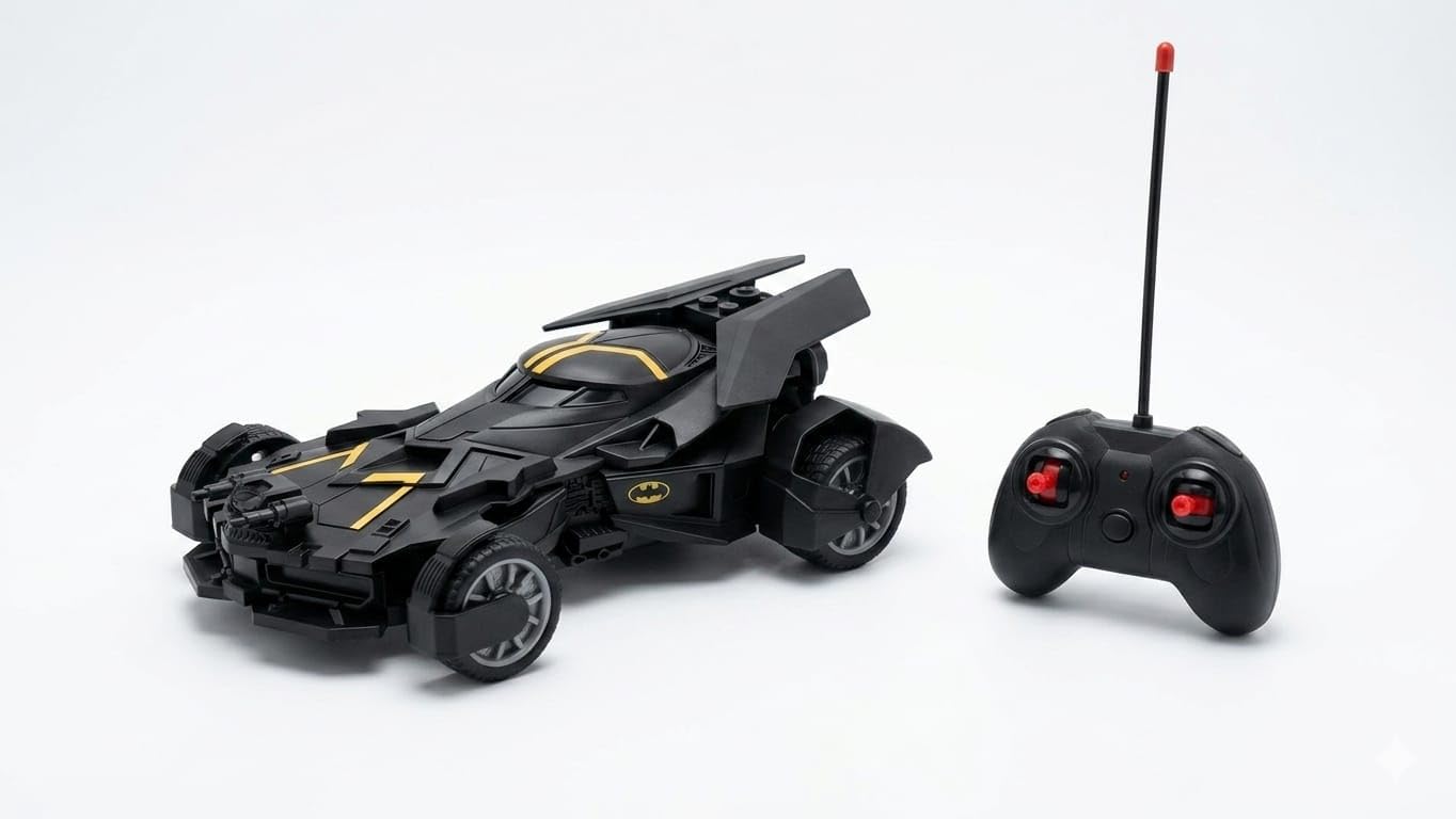 Batman RC Batmobile Remote Control Car, Black with Gold Accents, Dynamic 4-Wheel Action, Dual-Stick Control, High-Torque Motor, for Kids