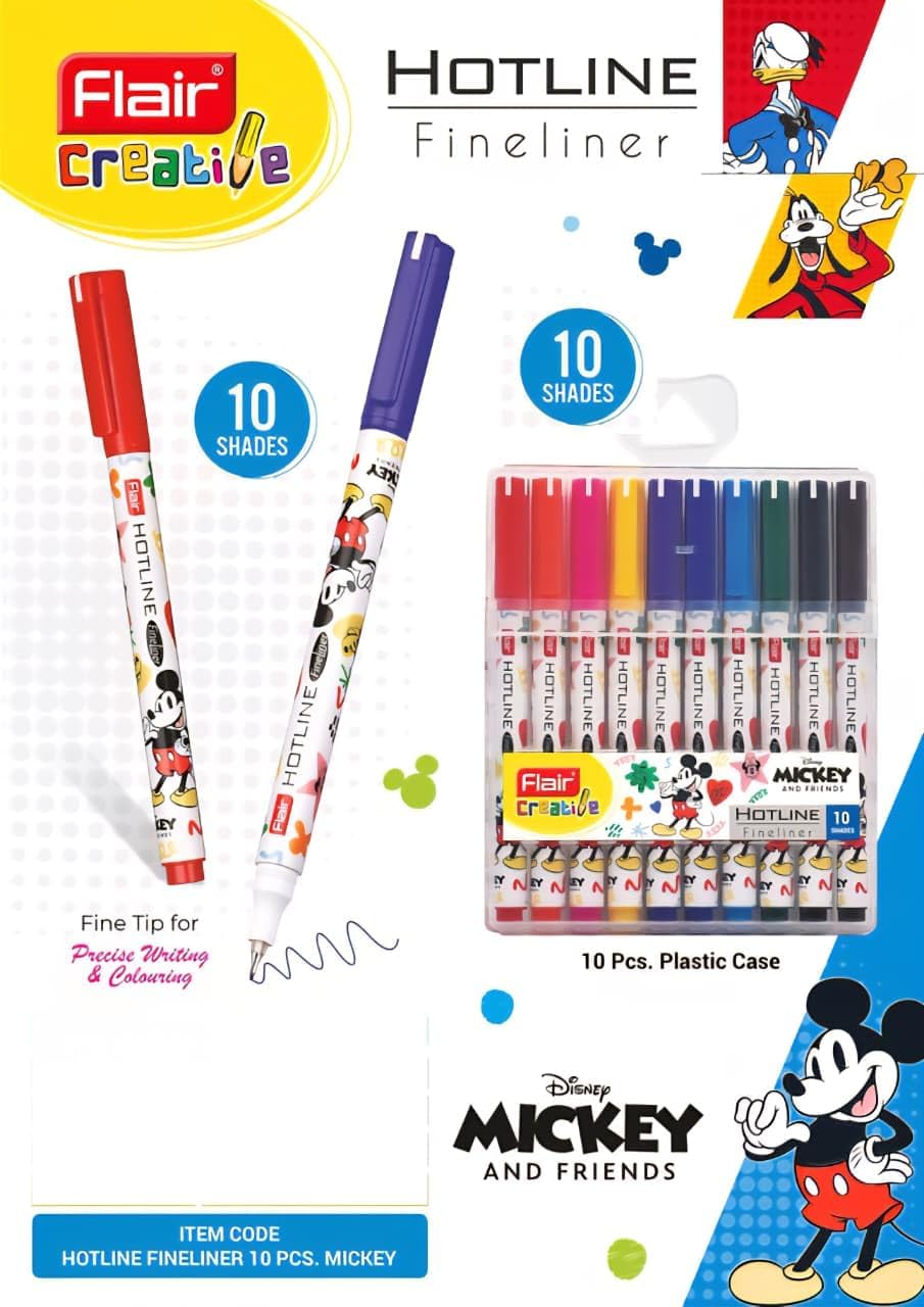 FLAIR Hotline Fineliner Art Marker Pens 10 Assorted Shades- Pack of 1| Needle Tip Point| Smooth & Bright Strokes| Comes in a Hard Transparent Plastic Case| Non-Toxic & Safe For Children