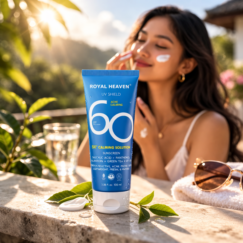 Royal Heaven SPF 60 PA++++ UV Shield Sunscreen – 5X Calming Solution for Acne-Prone Skin