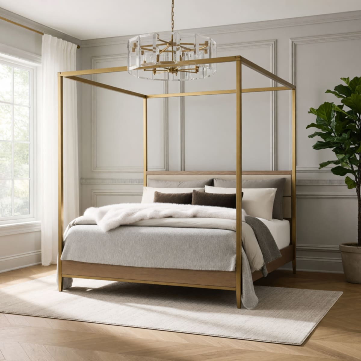 Arhaus Malone King Canopy Bed – Good Condition, Bronze & Cream – Powell, OH