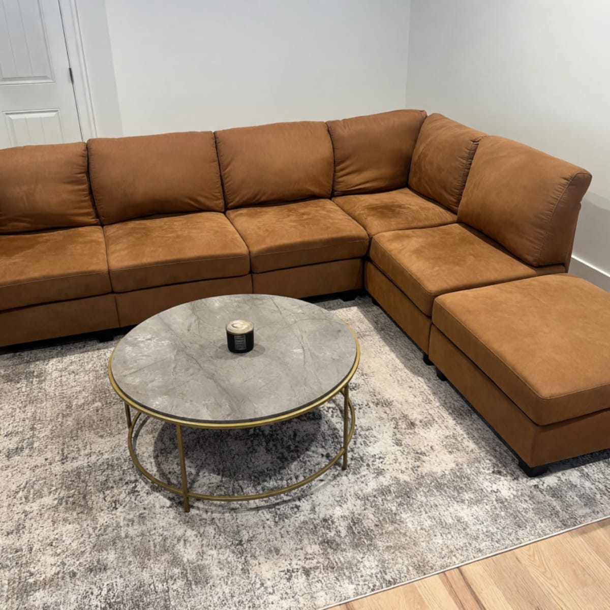 Brown L-Shaped Faux Leather Sectional – New Condition, 6 Pieces – Chicago, IL