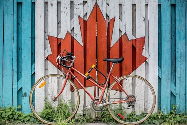 A bike in front of a gate painted with a maple leaf