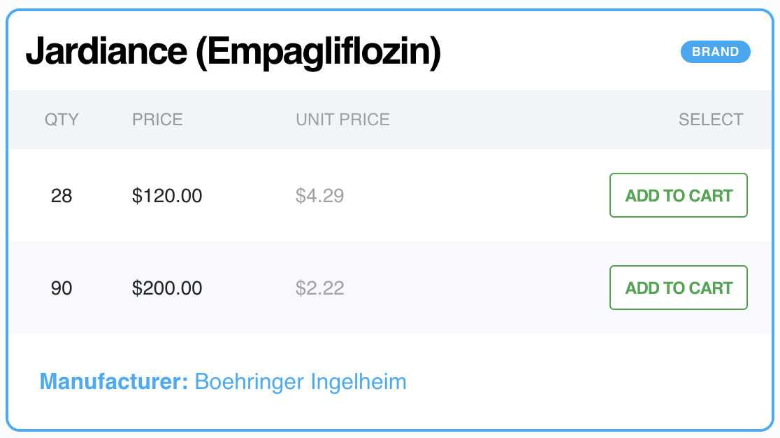 A pricing chart for Jardiance 25 mg tablets on RxConnected