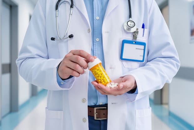 a medical professional holding a bottle of pills