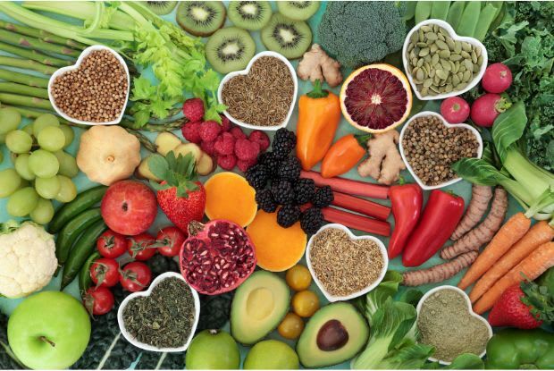 vegetables and fruits grouped together. Spices in heart shaped bowls