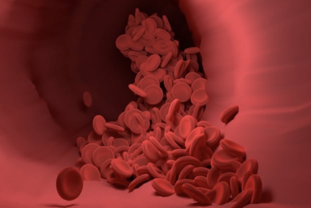 an illustration of red blood cells passing through a blood vessel