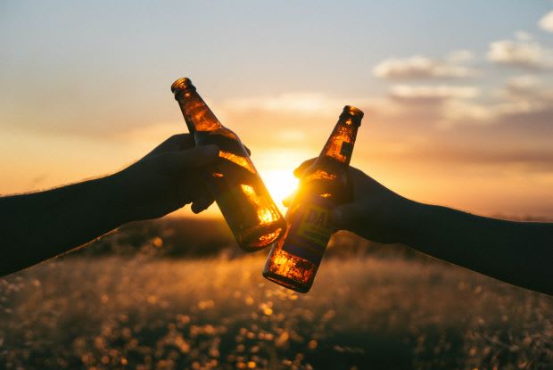 two hands holding beers during a sunset