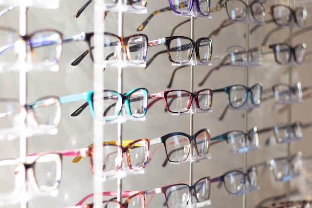 different types of eyeglasses on display