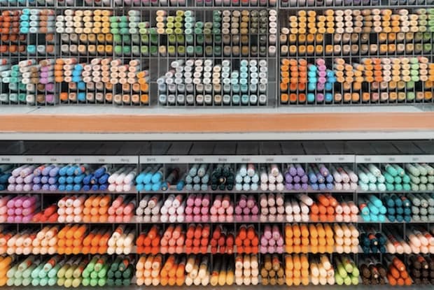 rows of different colored markers