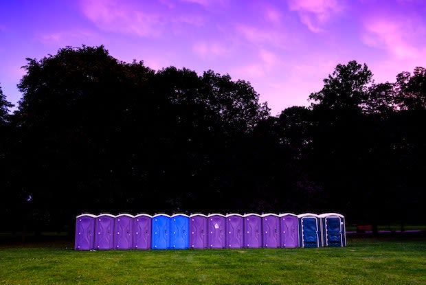 a line of portable toilets