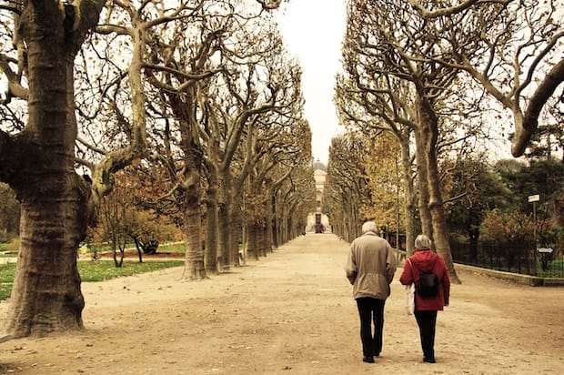 A couple walking through the park