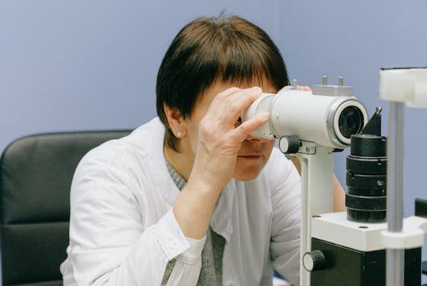 a doctor looking through her equipment