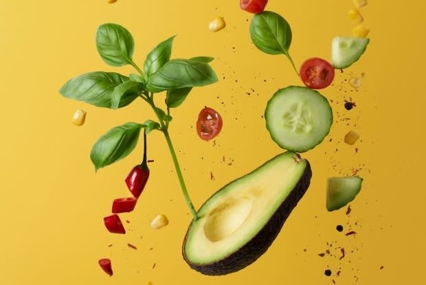 heart-healthy foods on a yellow background