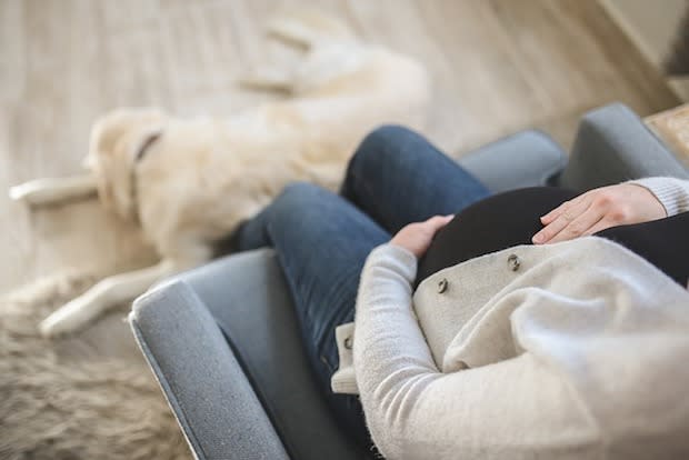 a pregnant woman with a dog at her feet