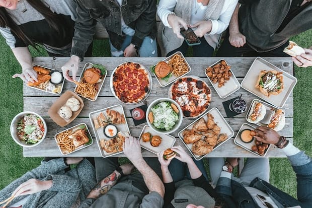 a group having a meal at a table