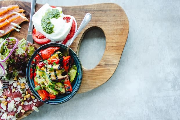 Greek food on a wood board