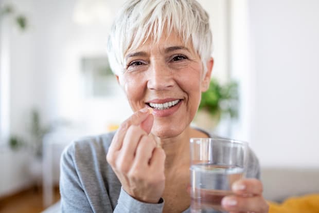 an older woman taking a pill