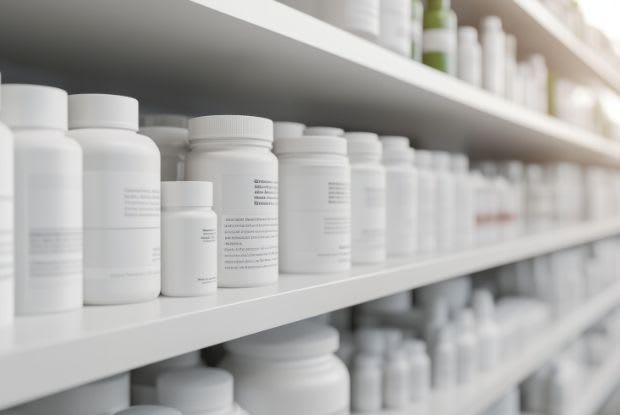White prescription bottles on a pharmacy shelf