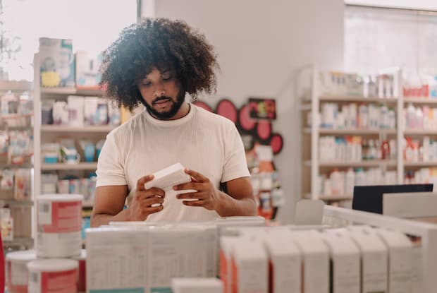 a man studying the package label at a physical pharmacy