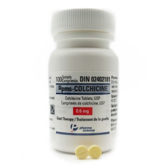 A bottle of generic colchicine 0.6mg tablets