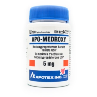 A bottle of 5mg generic provera tablets