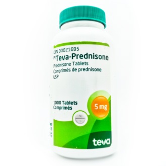 A bottle of 5mg generic prednisone tablets