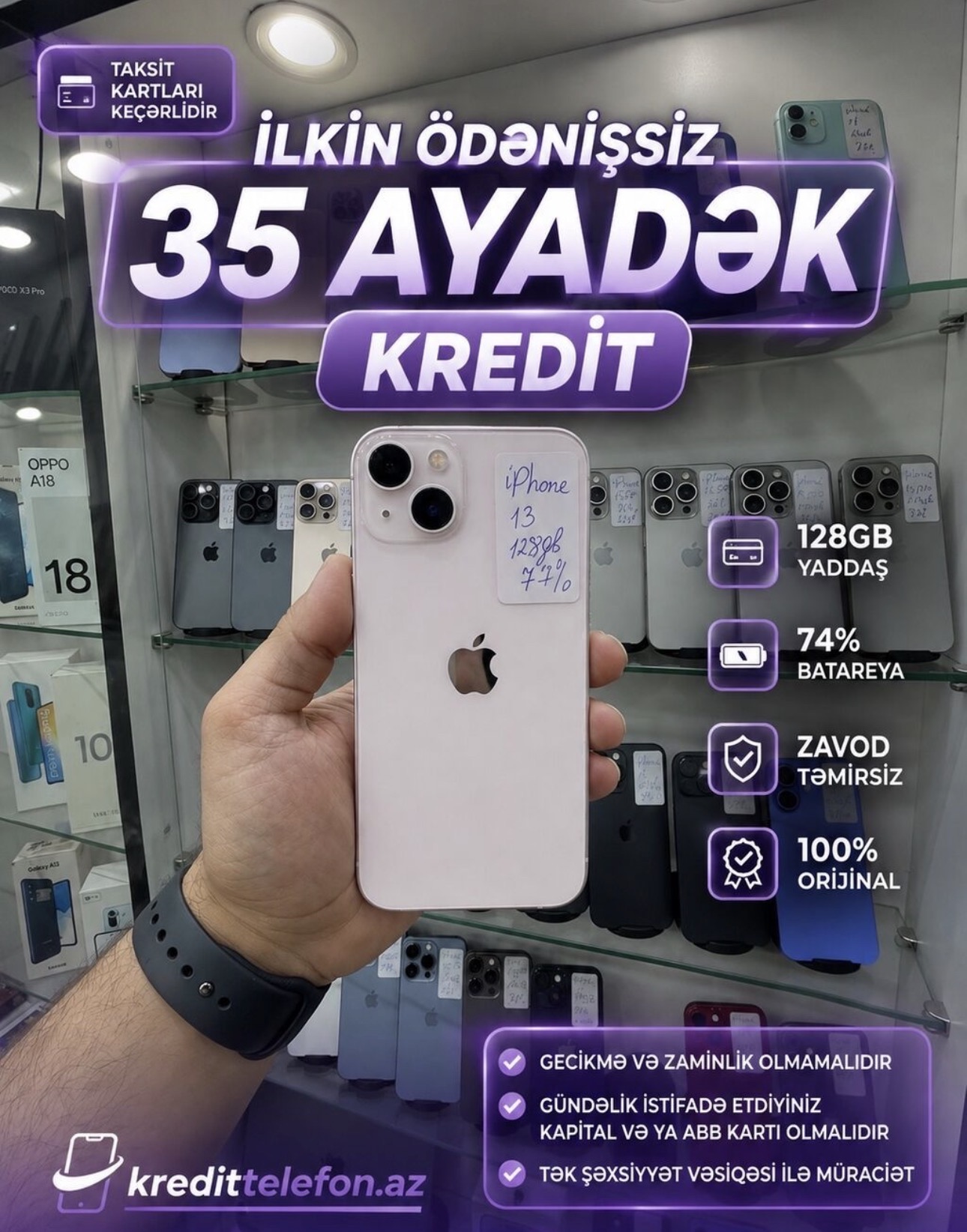 Iphone 13, 128 GB, Cehrayi, Kredit, Face ID, Hisse-hisse odenish
