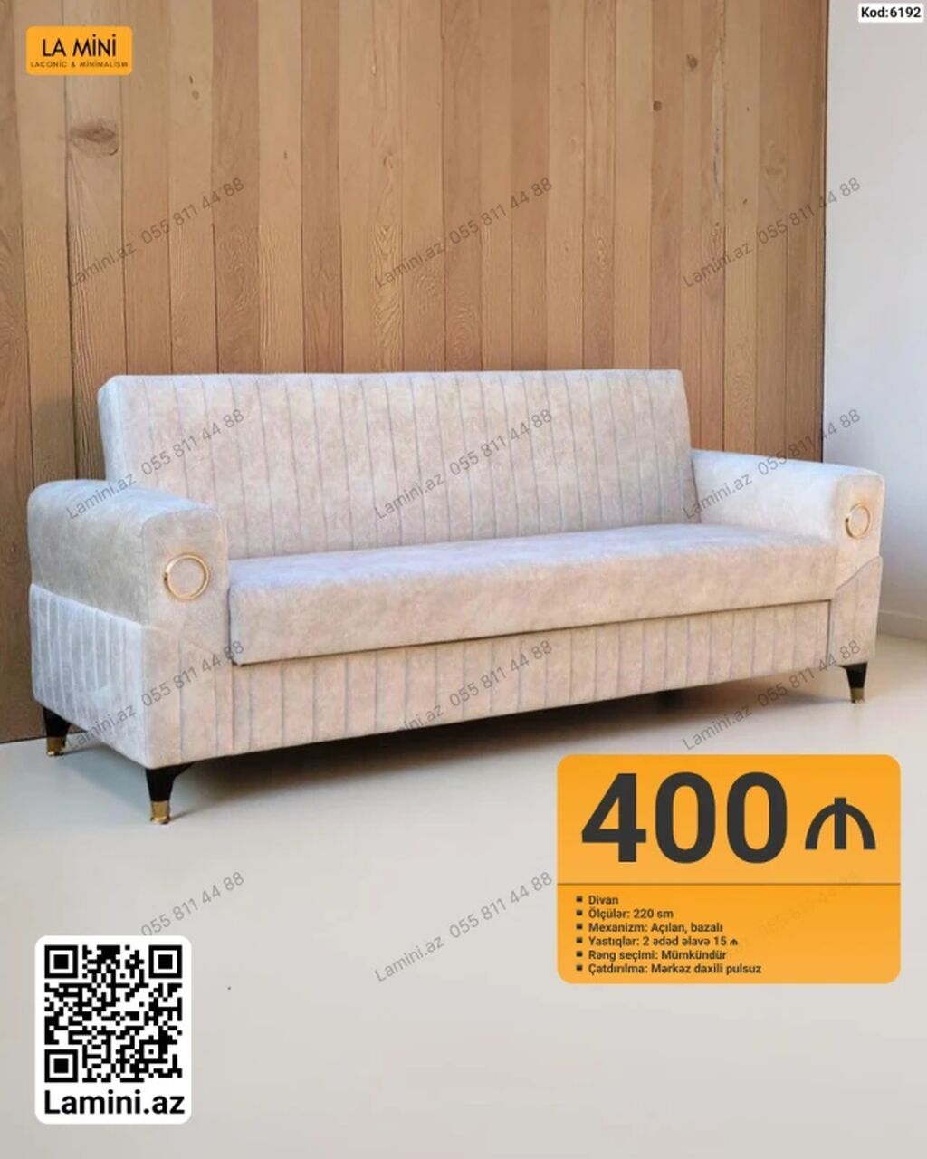 Divan – Kod: 6192 - Ölçü: 220 sm - Mexanizm: Açılan, bazalı (yataq) - Şəkil 1