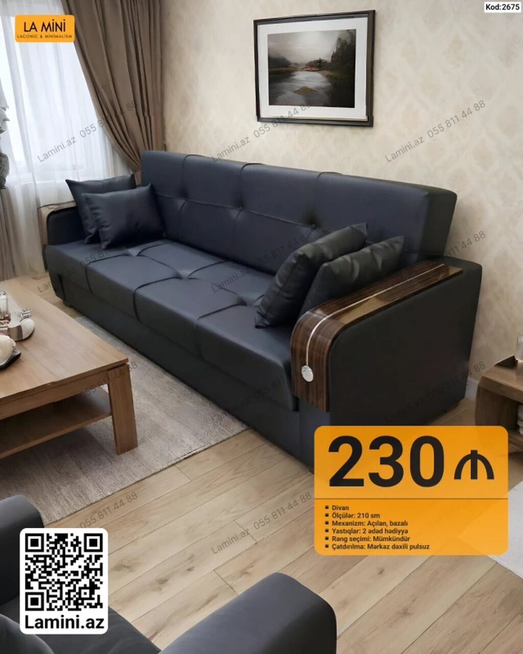 Məhsul: Divan (Kod: 2675) - Ölçü: 210 sm - Mexanizm: Açılan, bazalı