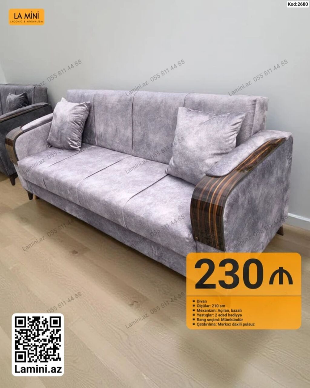 Divan – La Mini - Ölçü: 210 sm - Mexanizm: Açılan, bazalı (yataq)