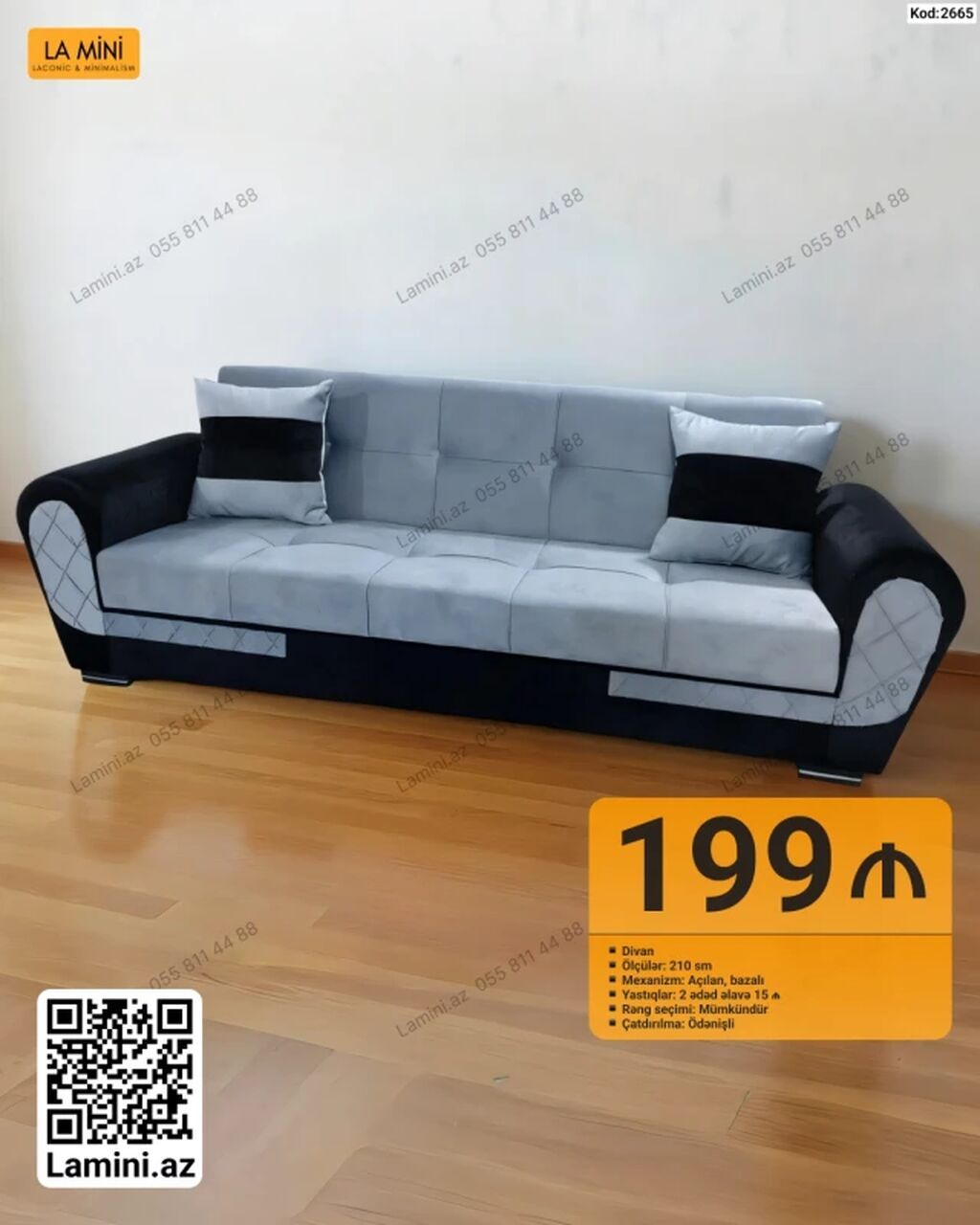 Divan – Kod: 2665 - Ölçü: 210 sm - Mexanizm: açılan, bazalı (yataq)