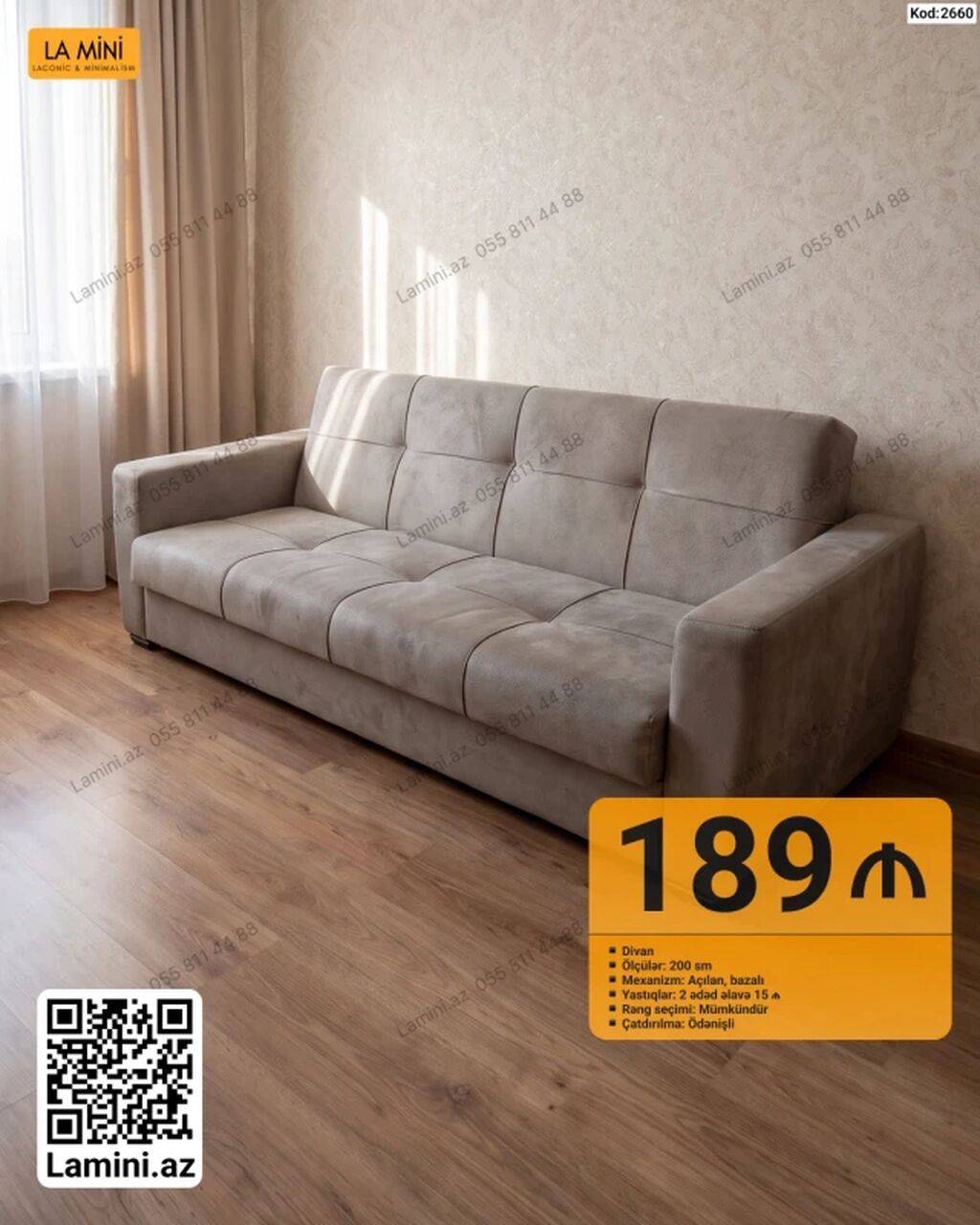 Məhsul: Divan (Kod: 2660) - Ölçü: 200 sm - Mexanizm: Açılan, bazalı
