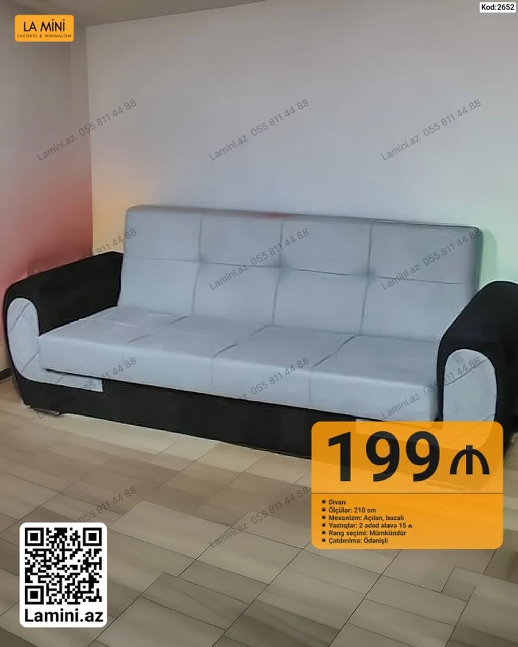 Məhsul: Divan (Kod: 2652) Xüsusiyyətlər: - Ölçü: 210 sm - Mexanizm