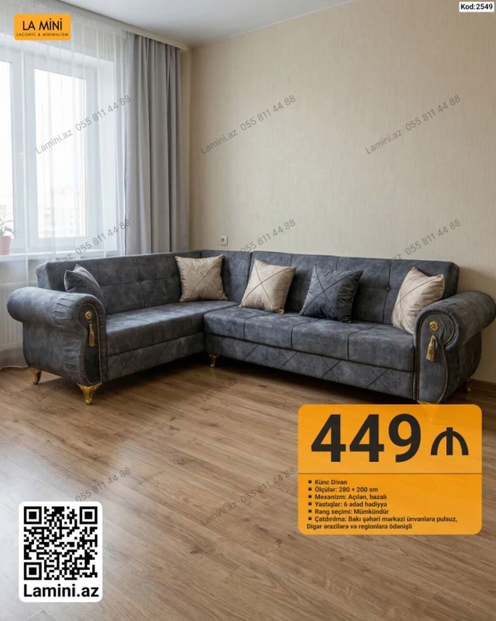 Kod: 2549 Künc divan – La Mini - Ölçülər: 280 × 200 sm - Mexanizm