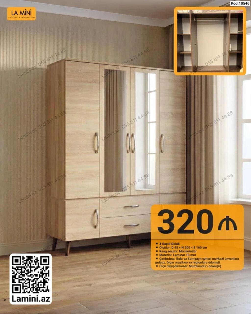 4 qapılı paltar dolabı - Ölçülər: D 45 × H 200 × E 160 sm - Rəng