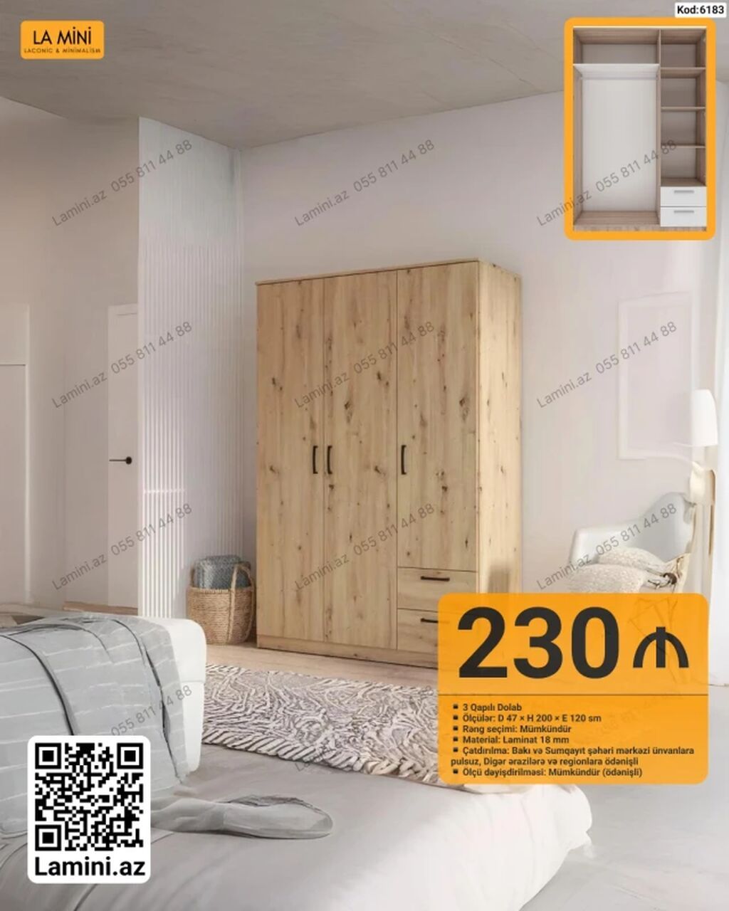 Məhsul: 3 qapılı qarderob (Kod: 6183) - Dizayn: Lakonik və minimal