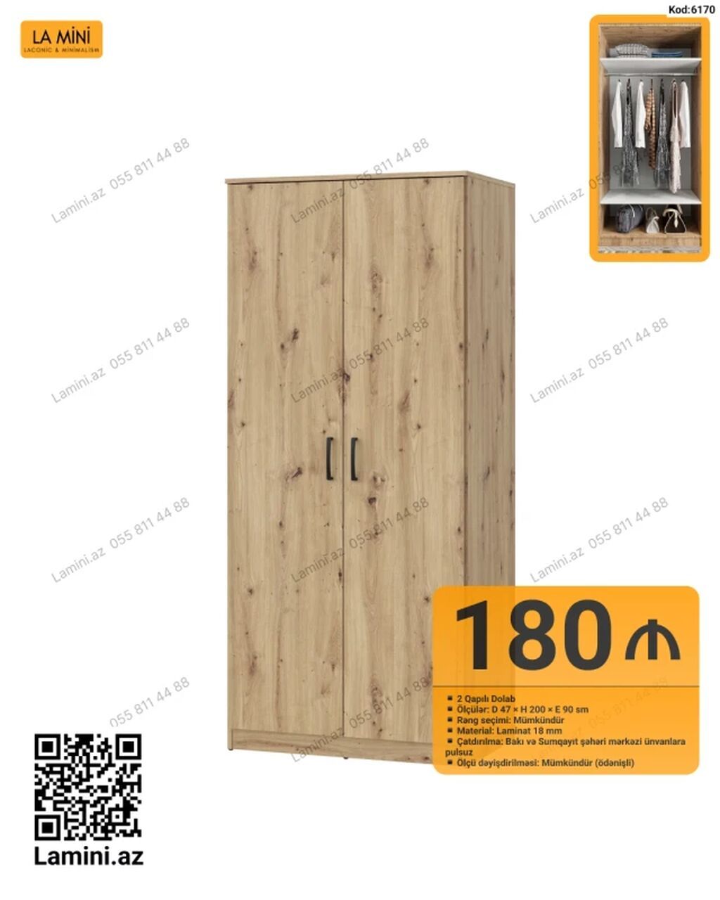 İki qapılı geyim dolabı – Kod: 6170 - Ölçülər: Dərinlik 47 sm ×