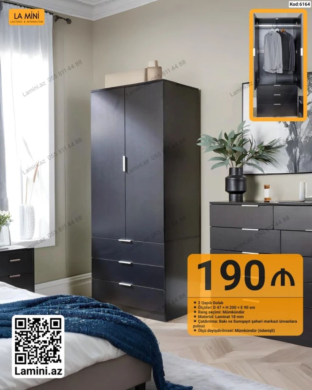 - Model: 2 qapılı dolab - Ölçülər: D 47 × H 200 × E 90 sm - Rəng