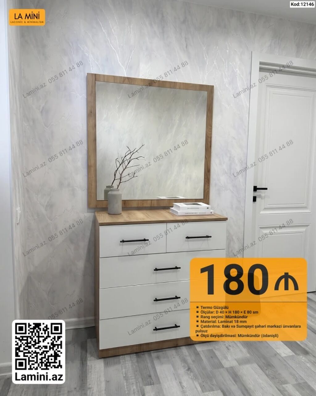Kod: 12146 Termo güzgülü komod dəsti - Ölçü: 40 d × 180 h × 80 e sm -