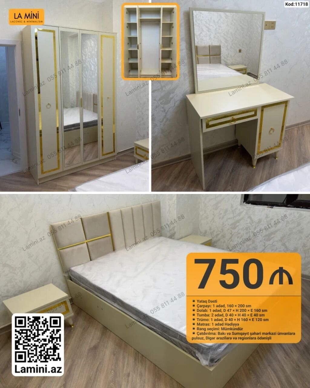 Yataq Dəsti – Kod: 11718 Komplektə daxildir: - Çarpayı: 160 x 200 sm