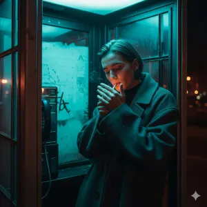 Hyper-realistic cinematic portrait of this person inside an old phone booth at night