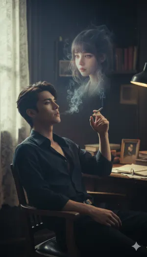 A realistic photo of a young man sitting on a chair in a dark moody room, smoking a cigarette
