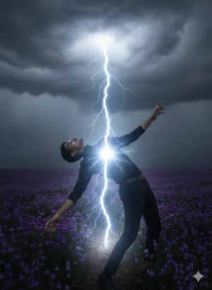 A cinematic, moody photograph of a young man standing in a vast, lush purple flower field beneath a stormy, overcast sky