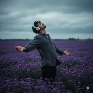  cinematic, moody photograph of a young man standing 