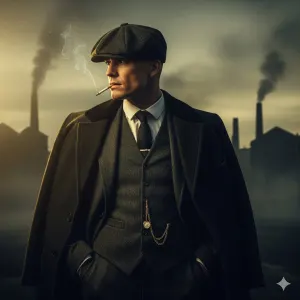 A man in 1920s gangster fashion, wearing a grey tweed three-piece suit with a gold pocket watch