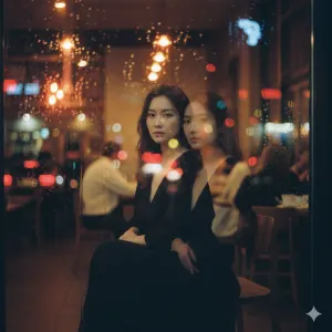 A dreamy double exposure photo of a beautiful Asian woman (based on the uploaded reference),
