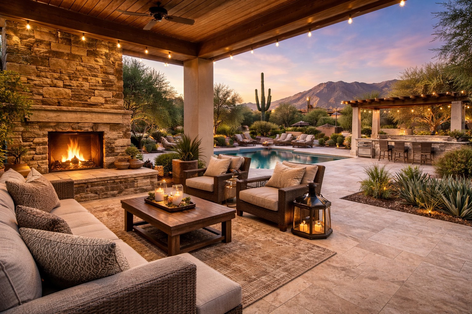 Custom outdoor living space BBQ island fire pit Tucson Arizona