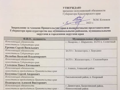 У территорий Красноярского края появились кураторы из правительства региона