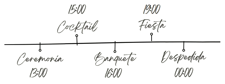 Wedding day timeline with icons and times for ceremony, lunch, party, and end of the event.