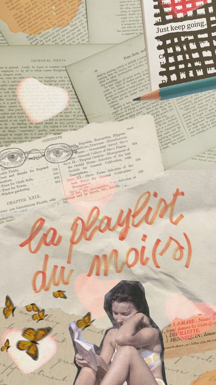 La playlist du moi(s): A soft, nostalgic collage composed of torn vintage book pages, botanical diagrams, handwritten notes, and typewritten excerpts. Overlayed are hand-painted hearts, butterflies, and the French phrase 'la playlist du moi(s)' in playful red-orange script. A retro cut-out of a smiling woman in a polka dot swimsuit reads a book while sunbathing, surrounded by fluttering monarch butterflies. A pencil and a message reading 'Just keep going' add touches of encouragement. The piece radiates introspection, warmth, and the quiet joy of personal rituals.
